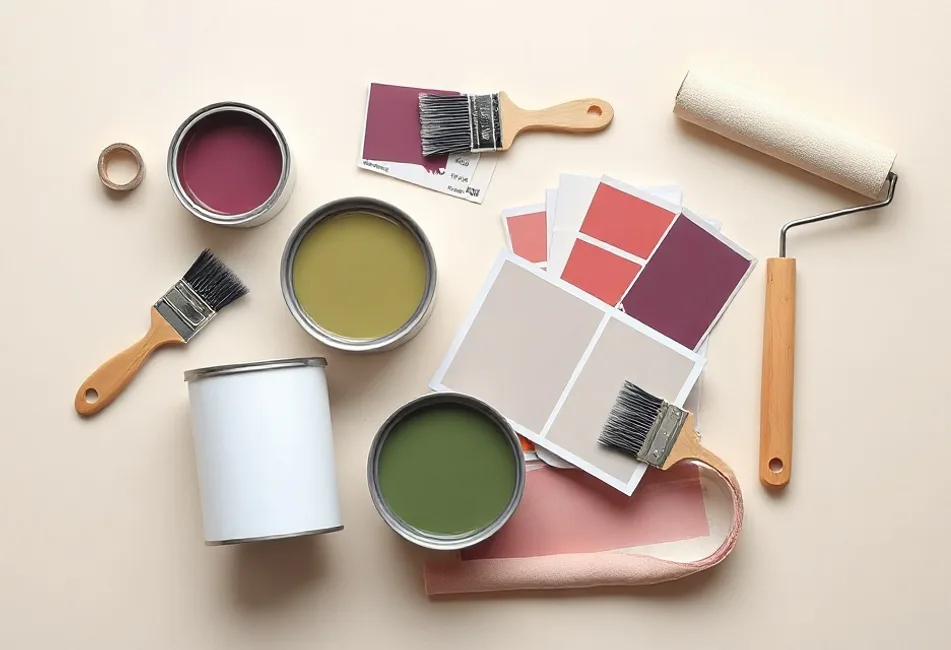 Pots de peinture, nuancier, brosses et rouleaux disposés à plat
