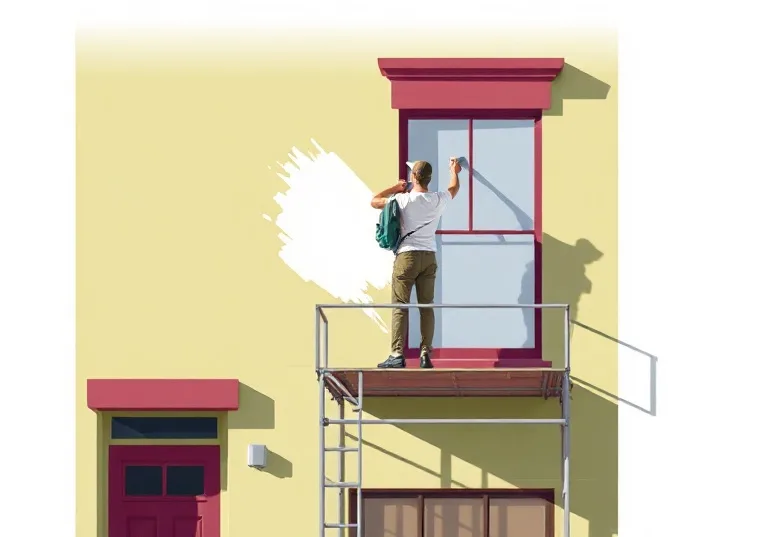 Peintre sur échafaudage traitant la façade d'une maison